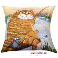 Готовая наволочка для подушки (с вшитой молнией и обратной стороной)  Кот на рыбалке
