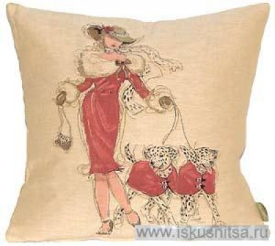 Готовая наволочка для подушки (с вшитой молнией и обратной стороной)  Дама в красном с собаками
