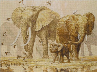 Набор для вышивания крестом Африканские слоны и капские горлицы, African Elephants And Namaqua Doves, по картине  Ian Coleman