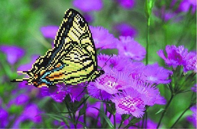 Шелк с рисунком для вышивания бисером (схема без бисера) Бабочка на лиловых цветах