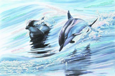 Шелк с рисунком для вышивания бисером (схема без бисера) Дельфины