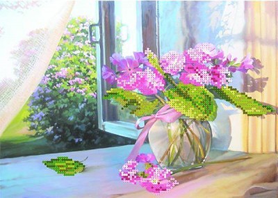 Шелк с рисунком для вышивания бисером (схема без бисера) Цветы на окне