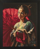 Набор для вышивания Восточная девушка в кимоно и с красным зонтиком (лен)