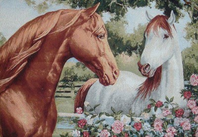 Готовая наволочка для подушки (с вшитой молнией и обратной стороной) Лошади с розами