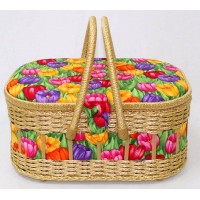 Шкатулка овальная с двумя ручками с плетением для рукоделия Разноцветные тюльпаны /BN-4072