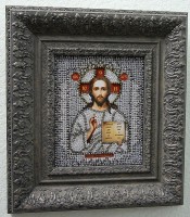 Вышитая картина хрустальными бусинами и настоящими камнями икона Господь Вседержитель /M7703