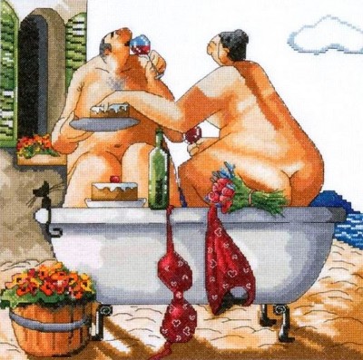 Комплект для вышивания крестом Купание вдвоём, по картине Рональда Веста (Couple Bathing, Ronald West)