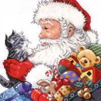 Набор для вышивания Санта с котенком (Santa with Kitten) по картине Хазела Линкольна (Hazel Lincoln)