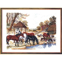 Набор для вышивания крестом Лошади на водопое (Horses by feedhouse) /14-200