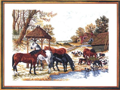 Набор для вышивания крестом Лошади на водопое (Horses by feedhouse)