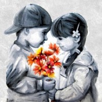 Набор для изготовления картины стразами (алмазная мозаика-вышивка) Дети с букетом