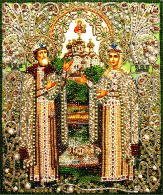 Набор для вышивания хрустальными бусинами и натуральными камнями Икона Святые Петр и Феврония