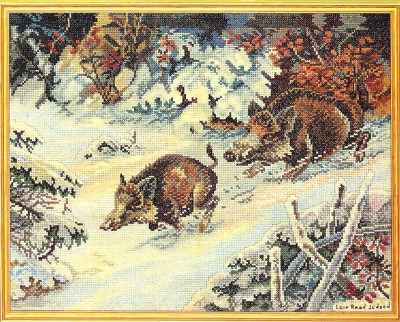 Набор для вышивания Кабанчики в зимнем лесу (Wild boar linen)