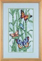 Готовая вышитая картина, оформленная в багет с двойным паспарту: Бабочки и бамбук /M_35120