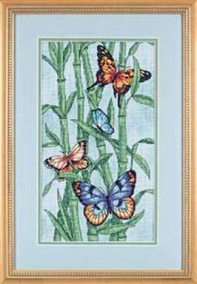 Готовая вышитая картина, оформленная в багет с двойным паспарту: Бабочки и бамбук