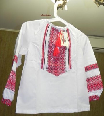Готовая вышитая Сорочка для Девочек (белая, рукав длинный, цвет рисунка красный), 32 размер