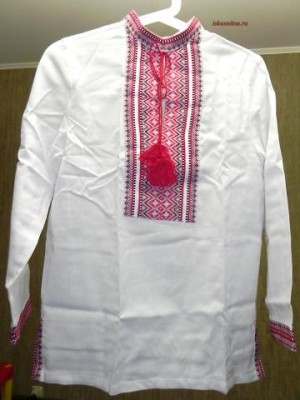 Готовая вышитая Сорочка для Мальчиков (белая, рукав длинный, цвет рисунка красный), 36 размер